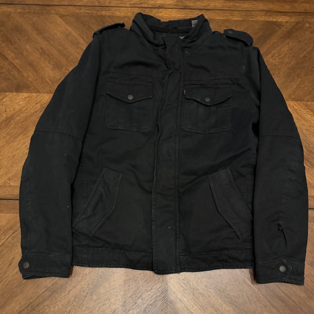 Levis Mens Military Field Jacket Black Sherpa Lined Cotton Canvas Medium